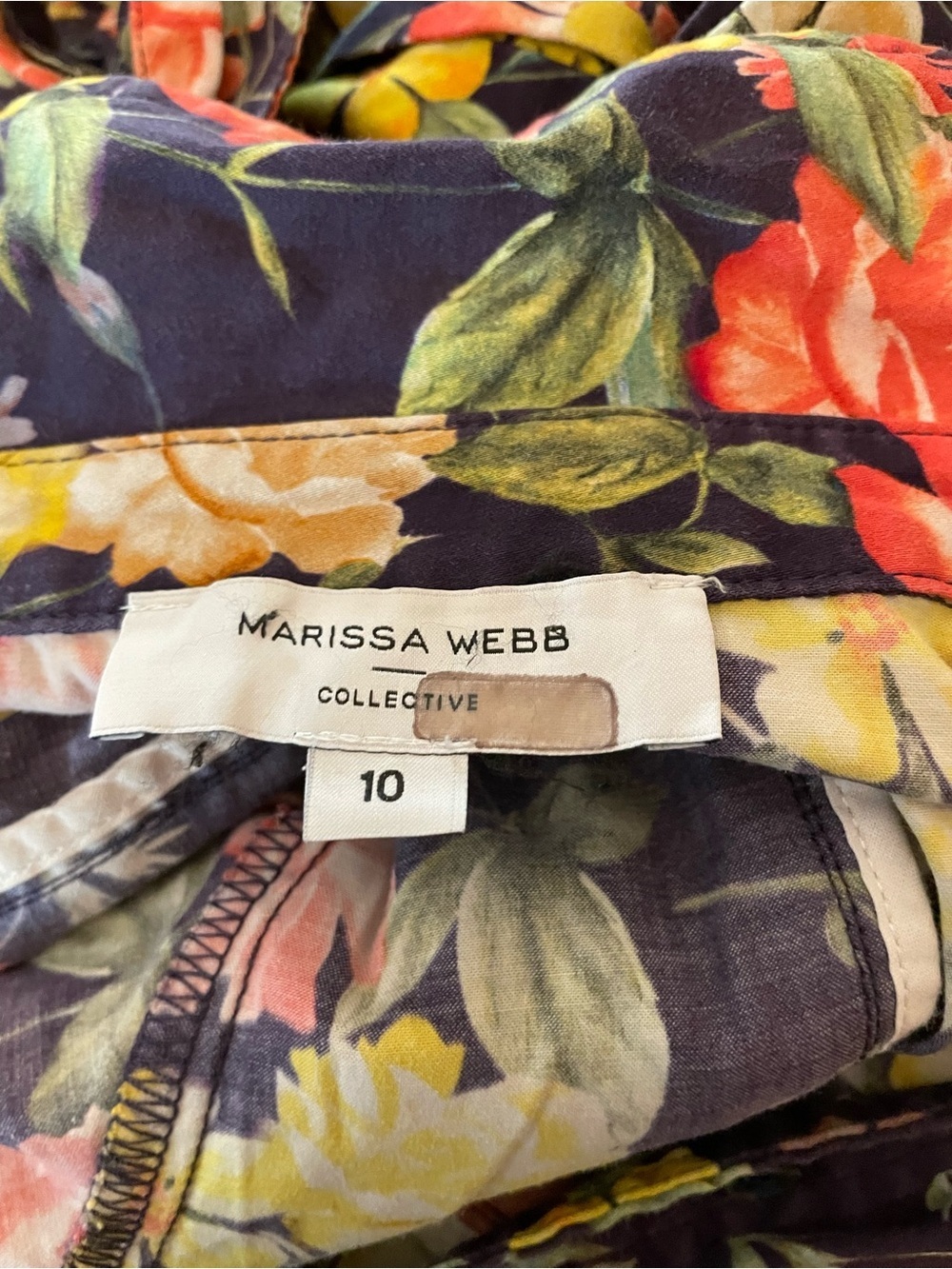 Marissa Webb Navy Tie-Waist Mini Multi Floral Printed Puff Sleeve Dress Size 10 - Picture 9 of 10